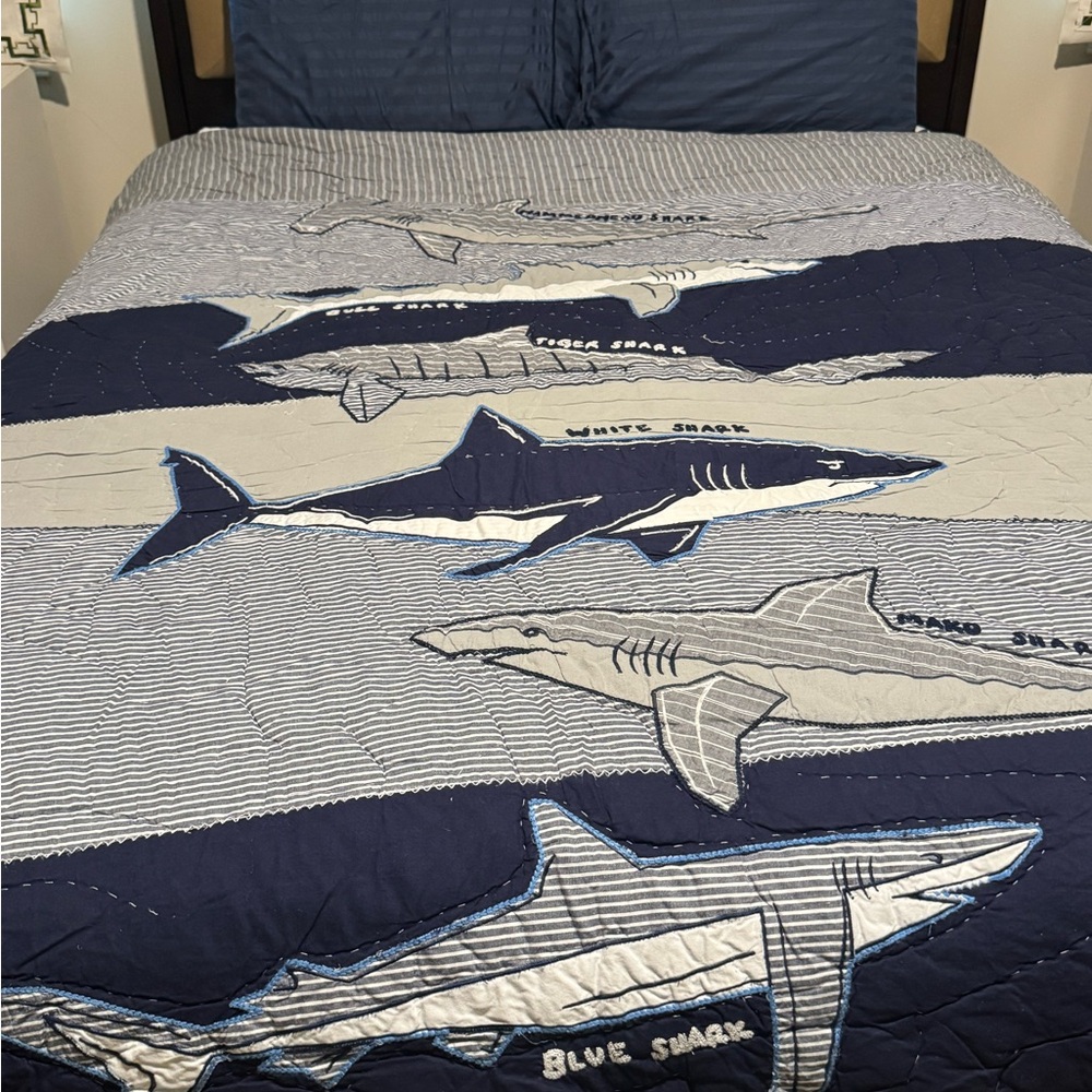 Pottery Barn Kids Shark Quilt in Blue and White - Picture 2 of 6